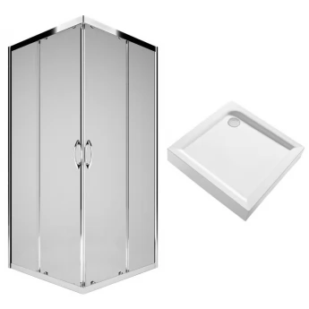 Комплект: REKORD душова кабіна 90см, квадратна, прозоре скло, сріблястий блиск + FIRST піддон 90*90см, квадратний, з інтегр. панеллю