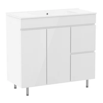 FLY комплект мебели 90см, белый: тумба напольная, 2 ящика, 1 дверца, корзина для белья + умывальник накладной арт RZJ910