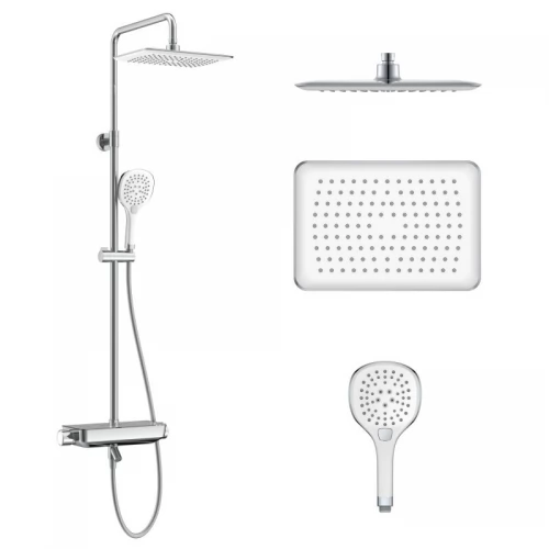 CENTRUM LX система душова (термостат для ванни, полиця, верхній душ 298*208 мм ABS, ручний душ 127 мм 3 режими, шланг 170 см) білі кришки, хром