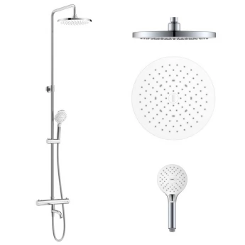 CENTRUM SR система душова (термостат для ванни, верхній душ 255 мм ABS коло, ручний душ 113 мм 3 режими, шланг 170 см) білі кришки, хром