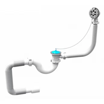 Сифон для ванни, PP, трубний, перелив до 500 мм, пробка на ланцюжку, гофра Ø4050 мм