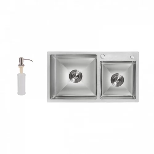 Мийка для кухні з двома чашами інтегрована Lidz Handmade H7843 (LDH7843BRU35387) Brushed Steel 3,0/1 мм